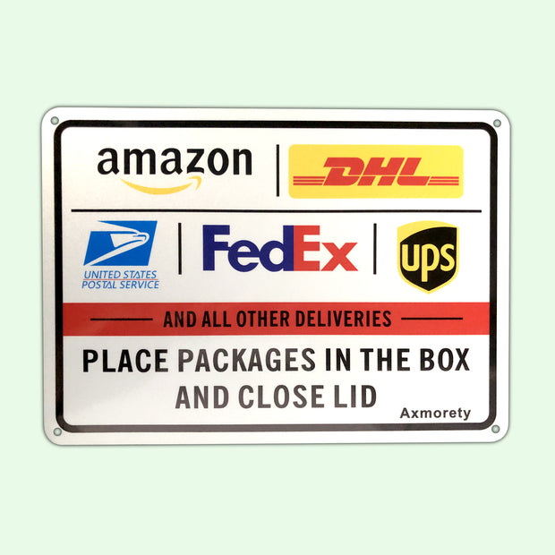 Axmorety 2 Pack Package Delivery Sign Instructions, Delivery Amazon DHL USPS FedEx UPS Packages in Box Sign,10" x 7" Aluminum Package Signs, Easy Mounting, Fade Resistance, Indoor/Outdoor Use