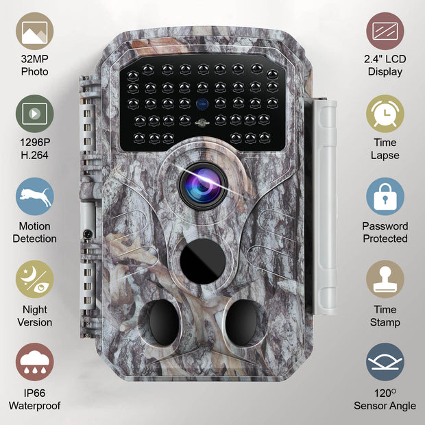 Game & Trail Camera 1296P Video & 32MP Photo with 100ft Night Vision Motion Activated 0.1s Trigger Speed Waterproof for Home Security, Outdoor Wildlife Scouting | T306 Grey