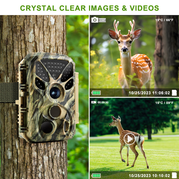 2-Pack 4K 2160P/ 30fps video 32MP photo Trail camera with audio and motion detector Night vision max. distance up to 100ft, 0.1s trigger speed, Waterproof IP66 | T326 Green