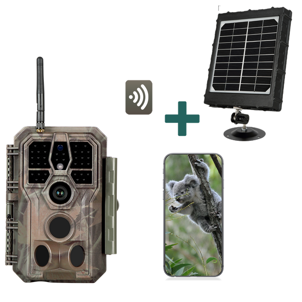 Bundle of Solar Panel and Bluetooth & Wifi Trail Cameras 32MP 1296P with Night Vision for Wildlife Observing & Home or Backyard Security | A280W